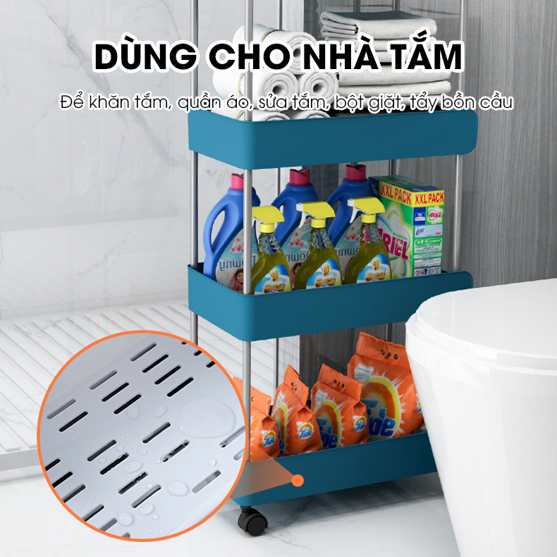 Kệ để đồ nhà bêp nhà tắm LH-3443 có bánh xe đẩy, kệ đứng cho khe hẹp tủ lạnh, phòng tắm, phòng bếp