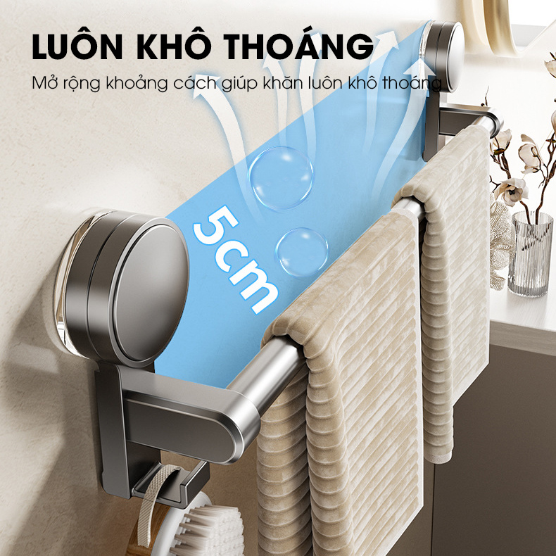 Giá treo khăn nhà tắm có móc hút chân không LD-5250, nhôm anod không rỉ, không cần khoan đục, dễ dàng lắp đặt