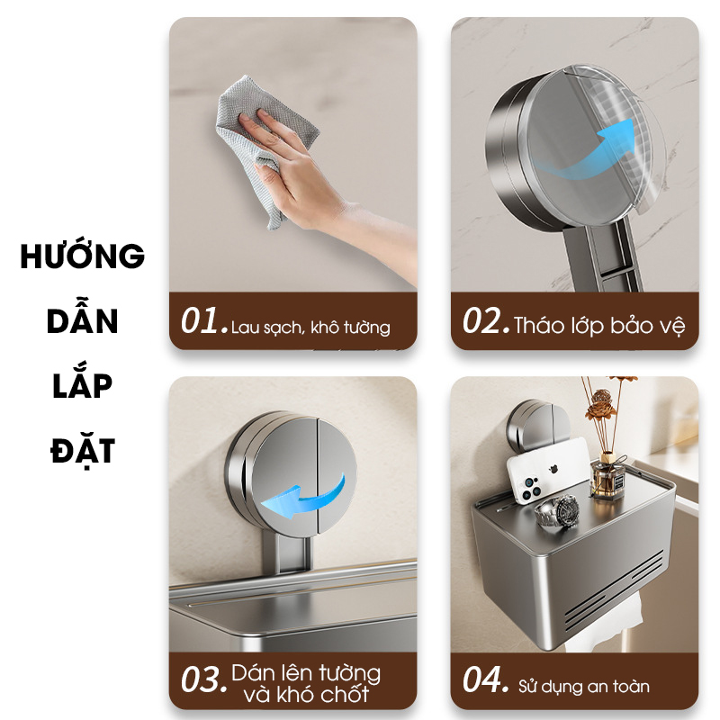 Hộp đựng giấy vệ sinh LD-5246 có cốc hút chân không gắn tường nhà tắm không cần khoán dán, nhôm anod + nhựa ABS