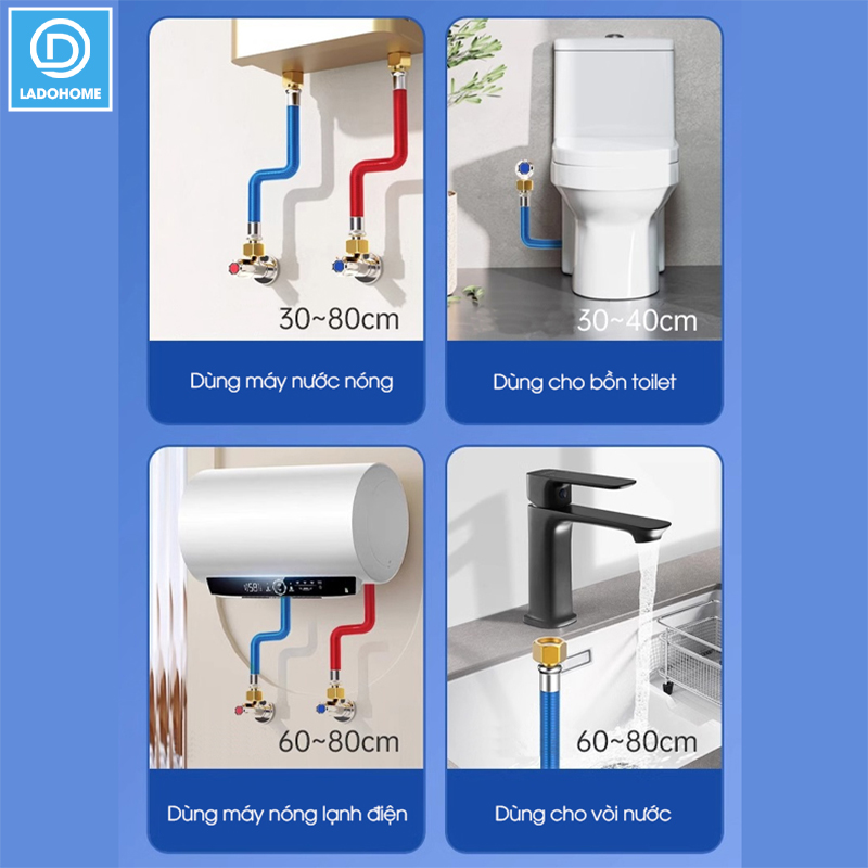 Ống cấp nước nóng lạnh SU10, ống nối cho bồn lavabo, bồn vệ sinh, máy giặt, máy nóng lạnh, inox 304 uốn cong tùy ý