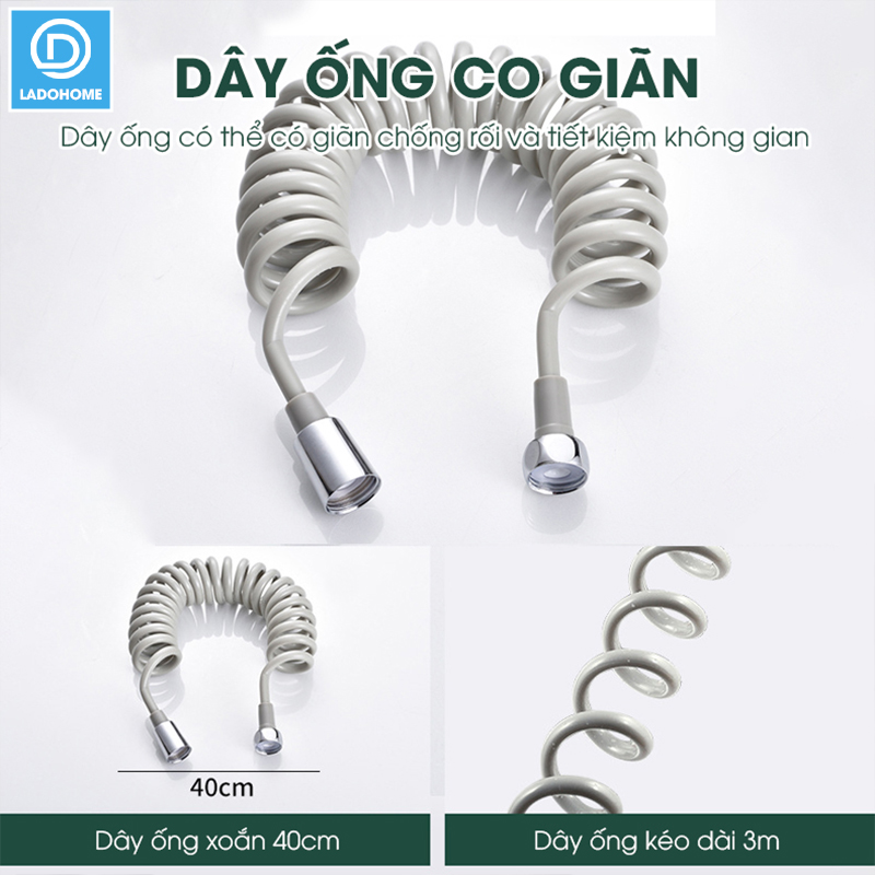 Bộ vòi xịt vệ sinh, toilet cao cấp LH-9424 thép không rỉ, lõi đồng + dây lò xo 2m, giá đỡ dán tường, van chia chữ H