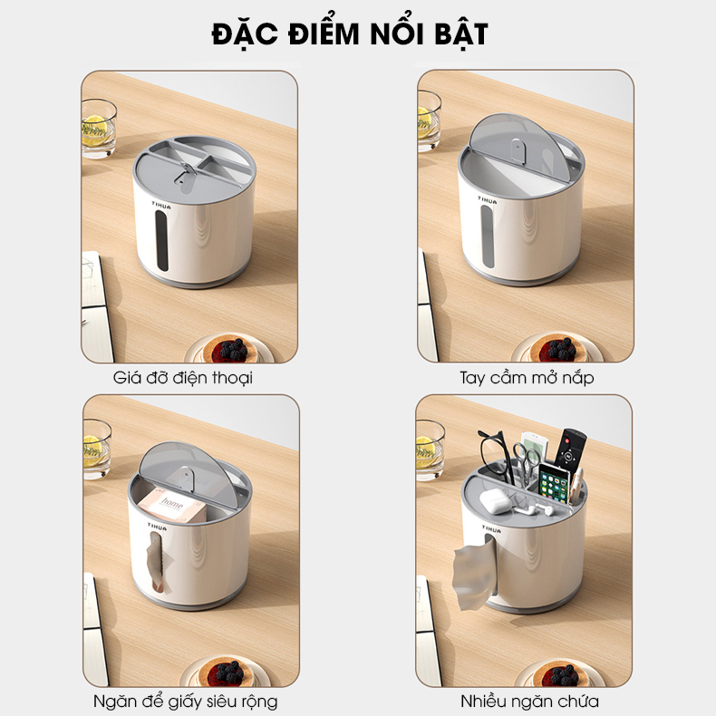Hộp khăn giấy hộp đựng bút để bàn nhiều ngăn có thể xoay 360 TIHUA T9002