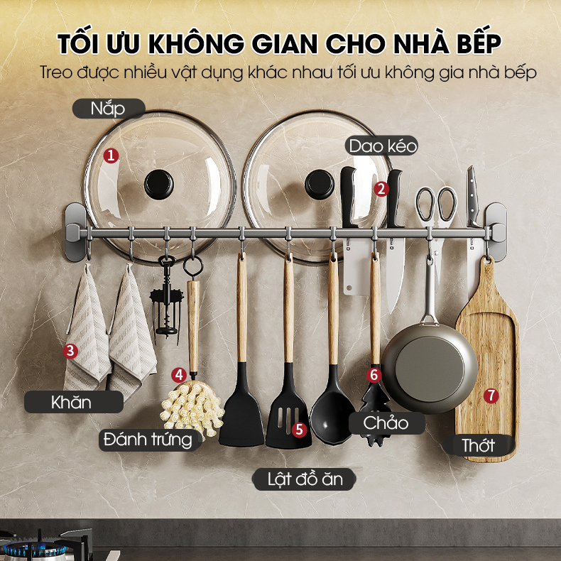 Móc treo nhà bếp đa năng có rảnh để dao và gác nắp nồi Nhôm Anod không rỉ RX08
