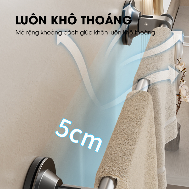 Giá treo khăn nhà tắm, thanh gác dép hút chân không LD-5248, nhôm anod không rỉ, không cần khoan đục, dễ dàng lắp đặt