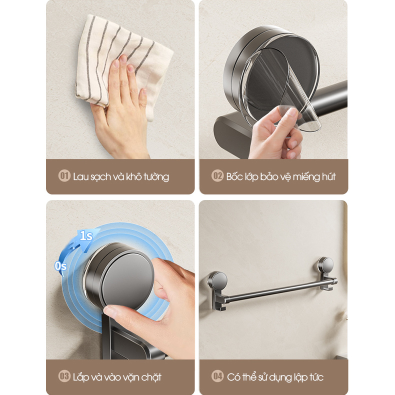 Giá treo khăn nhà tắm có móc hút chân không LD-5250, nhôm anod không rỉ, không cần khoan đục, dễ dàng lắp đặt