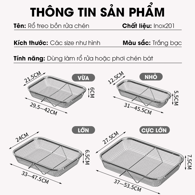 Rổ Inox treo bồn rửa chén, khay úp chén, khay rửa rau có thể điều chỉnh kích thước LD-2448