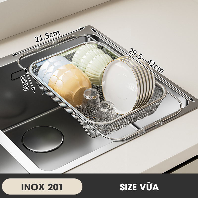 Rổ Inox treo bồn rửa chén, khay úp chén, khay rửa rau có thể điều chỉnh kích thước LD-2448
