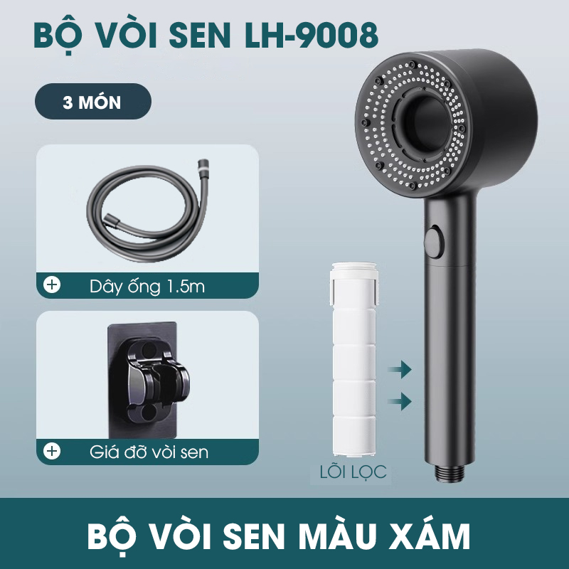 Bộ vòi sen điều áp 5 chế độ LH-9008 nhựa ABS cao cấp, lắp được cho nước nóng lạnh, có lõi lọc + dây ống 1.5m và giá đỡ