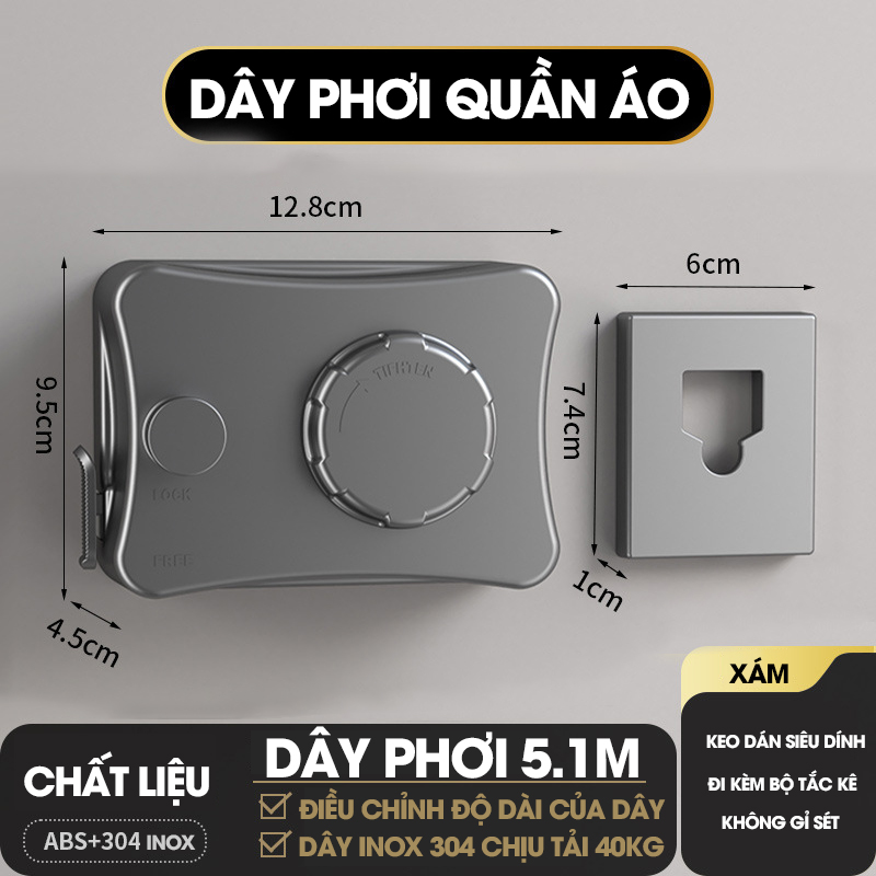 Dây phơi quần áo dây rút vô hình LH-6474 treo trong phòng tắm ngoài ban công ngoài trời dài tới 5.1m