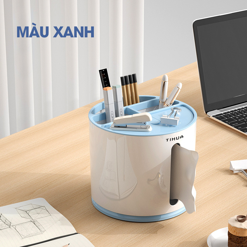 Hộp khăn giấy hộp đựng bút để bàn nhiều ngăn có thể xoay 360 TIHUA T9002