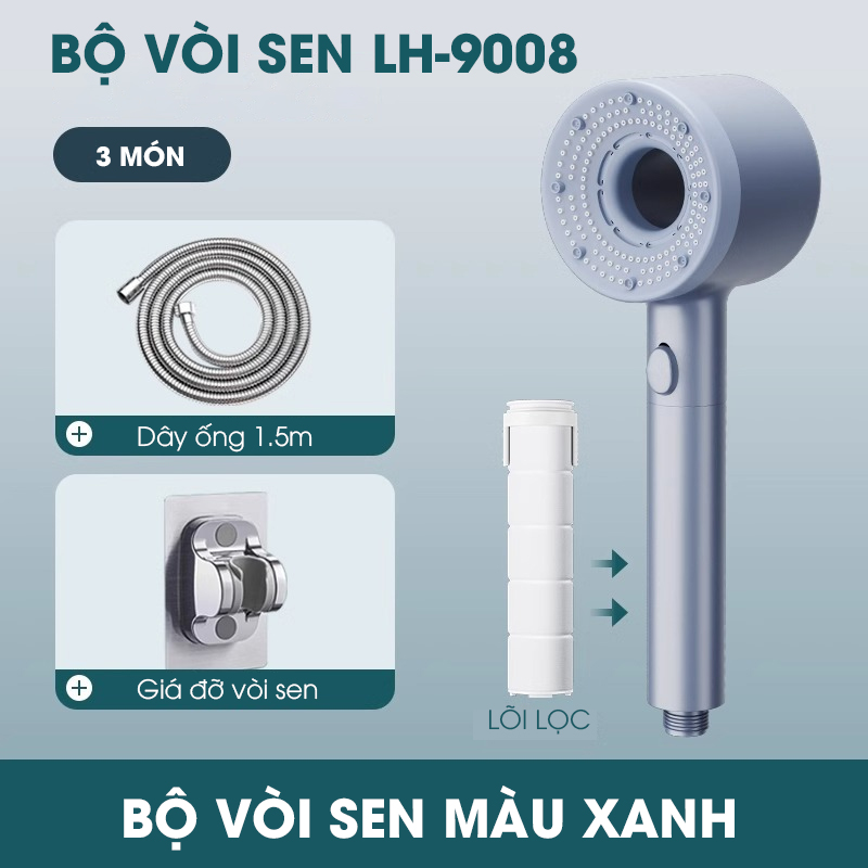 Bộ vòi sen điều áp 5 chế độ LH-9008 nhựa ABS cao cấp, lắp được cho nước nóng lạnh, có lõi lọc + dây ống 1.5m và giá đỡ