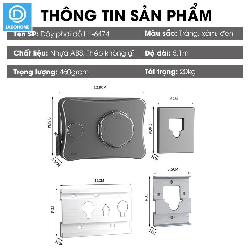 Dây phơi quần áo dây rút vô hình LH-6474 treo trong phòng tắm ngoài ban công ngoài trời dài tới 5.1m