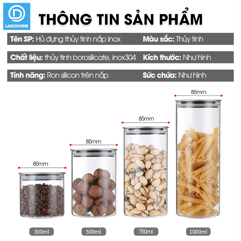 Hủ đựng trà thủy tinh, hủ đựng ngủ cốc nhà bếp, đồ ăn nhẹ snack, hủ gia vị có nắp bằng INOX cao cấp MFG-006
