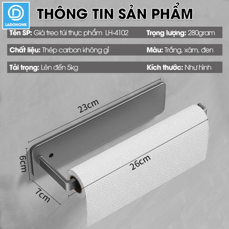 Giá treo túi đựng thực phẩm, thanh treo màn bọc thực phẩm, móc treo khăn lau nhà bếp LH-4102 Nhôm Anod không rỉ