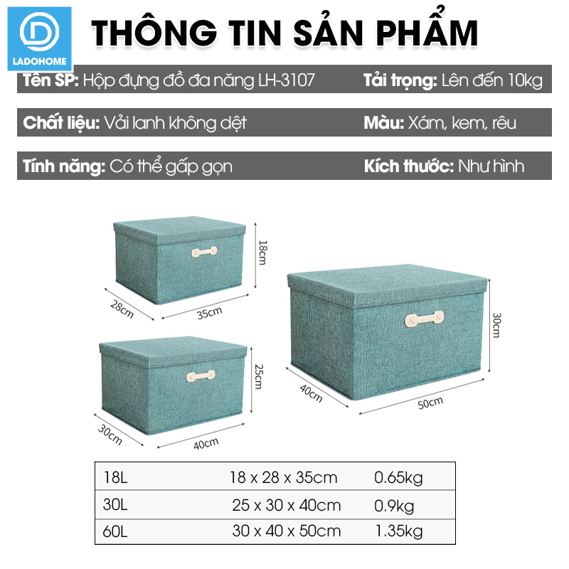 Hộp đựng đồ đa năng, quần áo chăn mền có nắp đậy LH-3107, vải lanh không dệt chất lượng cao, chống ẩm mốc, nhiều size