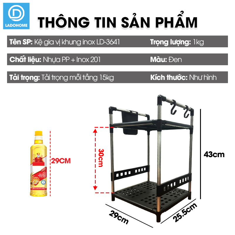 Kệ để gia vị 2 tầng nhà bếp LD-3641, tặng kèm ống đũa móc treo, khung inox không rỉ và đế nhựa PP siêu chắc