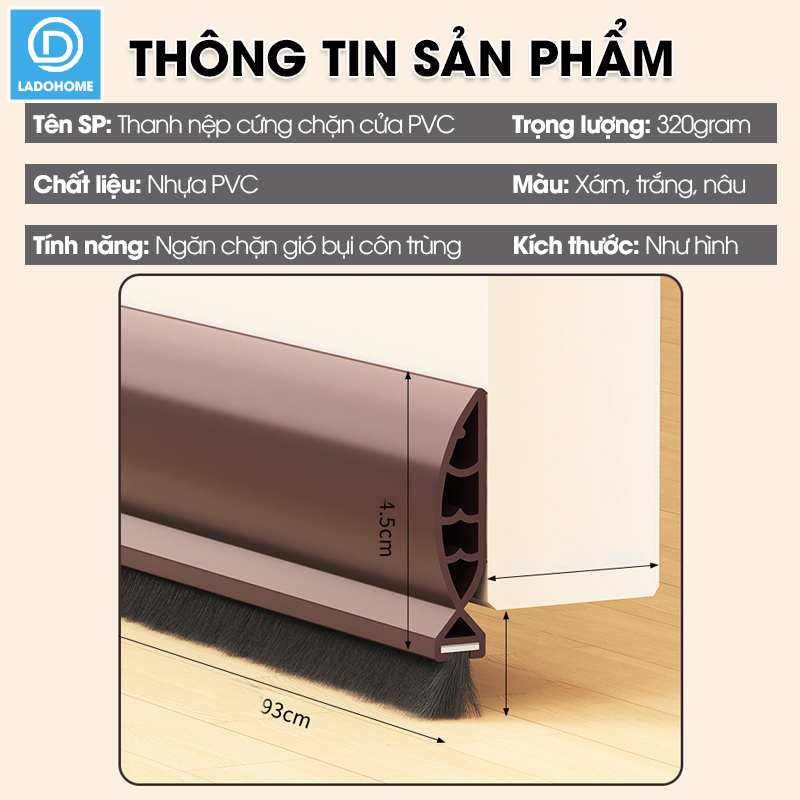 Thanh nệp cứng chặn chân cửa nhựa PVC dùng cho khe hở lớn tới 3cm, giúp ngăn gió bụi, con trùng, cách âm cách nhiệt