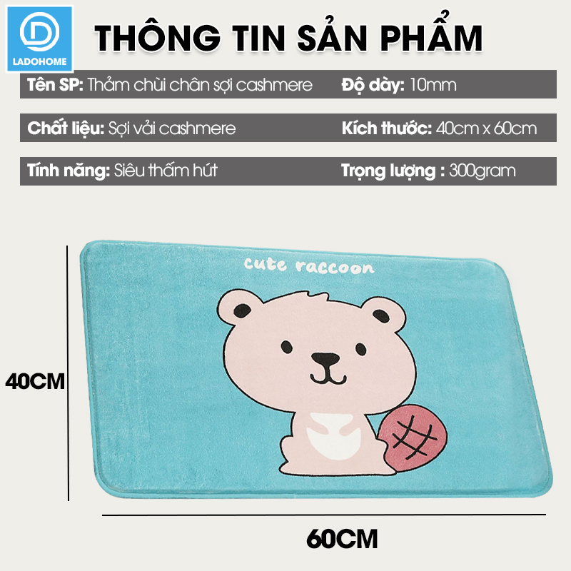 Thảm lau chân hoạt hình 40x60 lông Cashmere dày 10mm siêu thấm hút họa tiết dễ thương