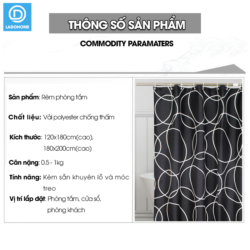 Rèm treo nhà tắm, màn che phòng tắm vải Poliester không thấm cao cấp họa tiết Vòng Tròn Trắng Đen