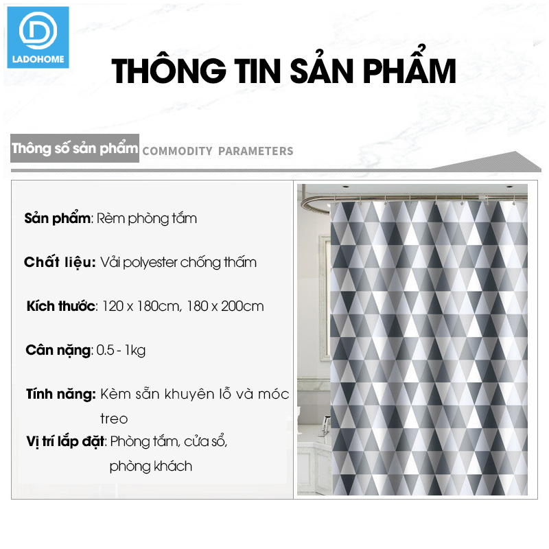 Rèm treo nhà tắm họa tiết kim cương, rèm Poliester không thấm nước, rèm treo khách sạn, chung cư, nhà trọ