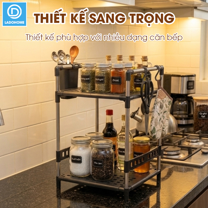 Kệ để gia vị 2 tầng nhà bếp LD-3641, tặng kèm ống đũa móc treo, khung inox không rỉ và đế nhựa PP siêu chắc