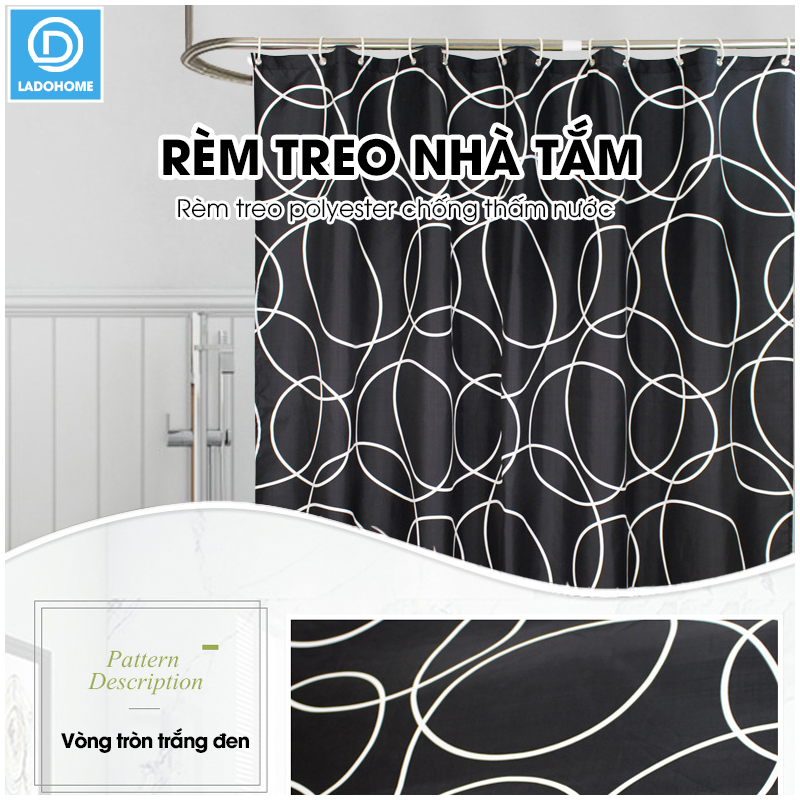 Rèm treo nhà tắm, màn che phòng tắm vải Poliester không thấm cao cấp họa tiết Vòng Tròn Trắng Đen