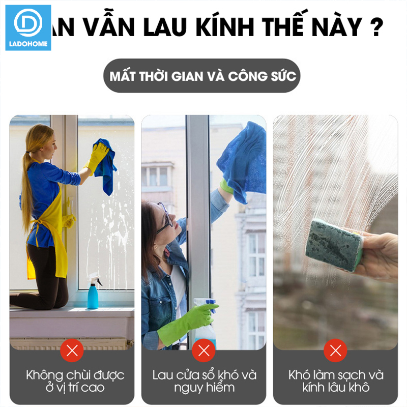Cây lâu kính C10, lau cửa sổ kính kết hợp gạt nước và chà bùi bẩn + Tặng kèm 2 miếng lau thay thế