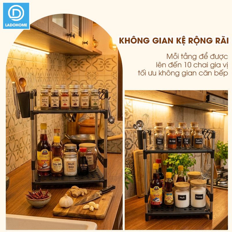 Kệ để gia vị 2 tầng nhà bếp LD-3641, tặng kèm ống đũa móc treo, khung inox không rỉ và đế nhựa PP siêu chắc