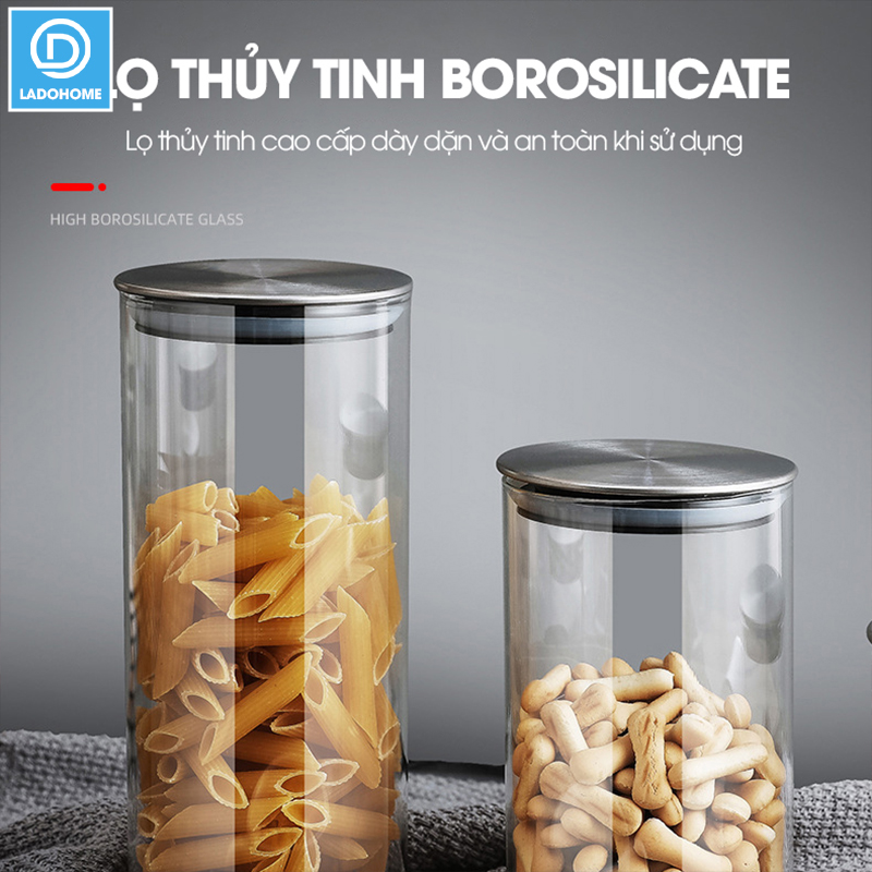Hủ đựng trà thủy tinh, hủ đựng ngủ cốc nhà bếp, đồ ăn nhẹ snack, hủ gia vị có nắp bằng INOX cao cấp MFG-006