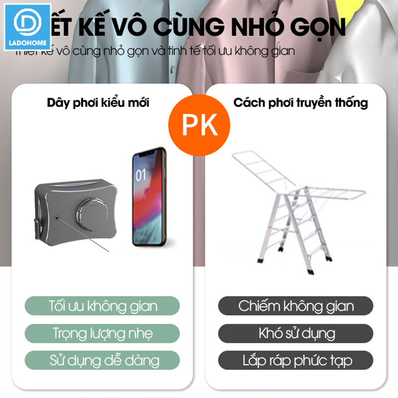 Dây phơi quần áo dây rút vô hình LH-6474 treo trong phòng tắm ngoài ban công ngoài trời dài tới 5.1m