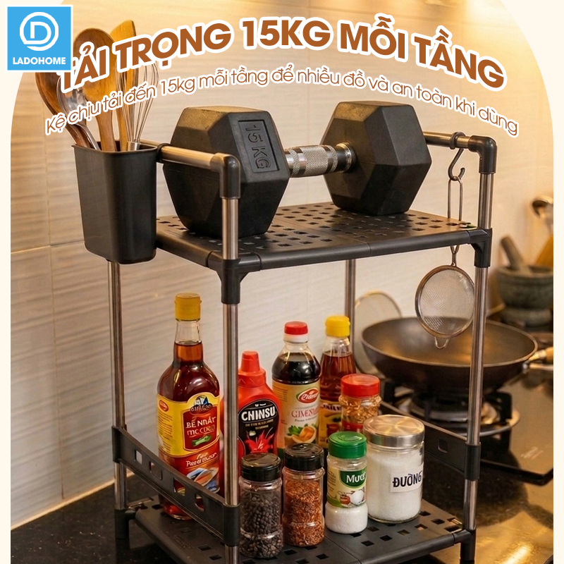 Kệ để gia vị 2 tầng nhà bếp LD-3641, tặng kèm ống đũa móc treo, khung inox không rỉ và đế nhựa PP siêu chắc