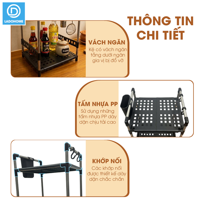 Kệ để gia vị 2 tầng nhà bếp LD-3641, tặng kèm ống đũa móc treo, khung inox không rỉ và đế nhựa PP siêu chắc