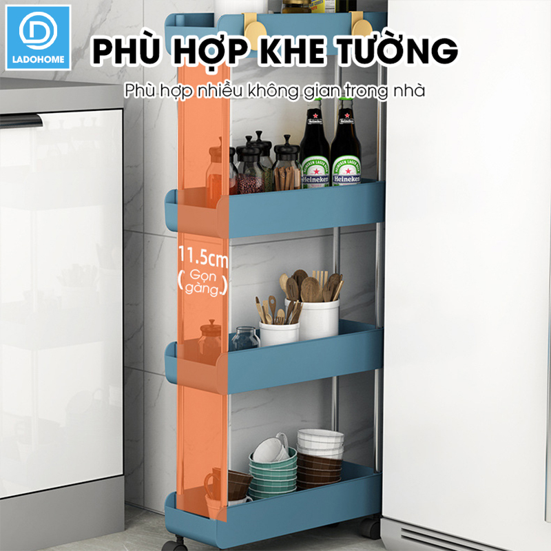 Kệ để đồ nhà bêp nhà tắm LH-3443 có bánh xe đẩy, kệ đứng cho khe hẹp tủ lạnh, phòng tắm, phòng bếp