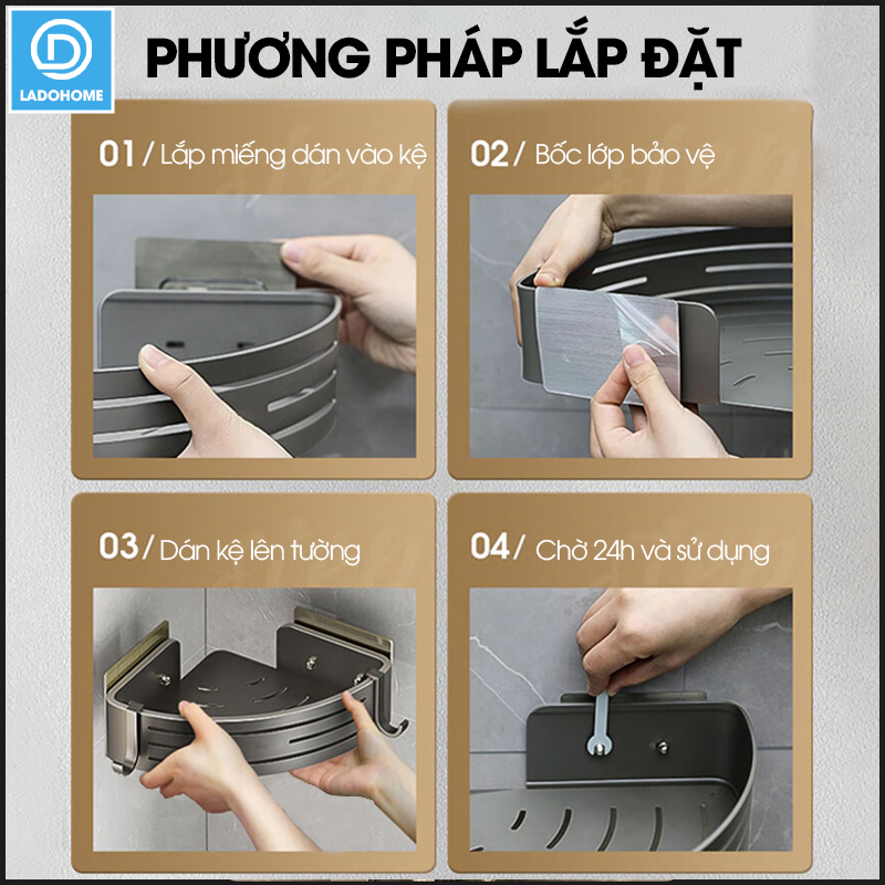Kệ treo góc tường nhà tắm nhà bếp loại to miếng dán đôi LH-6636 Nhôm Anod không rỉ