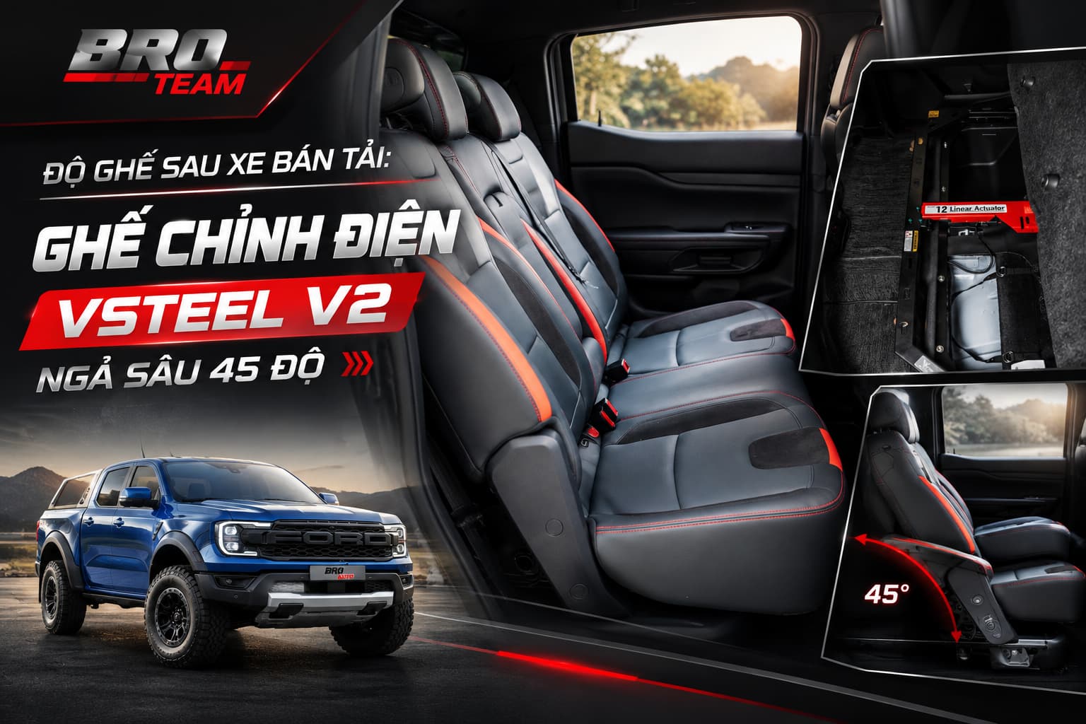 Ghế chỉnh điện Vsteel V2 – Độ ghế sau xe bán tải êm, lắp zin