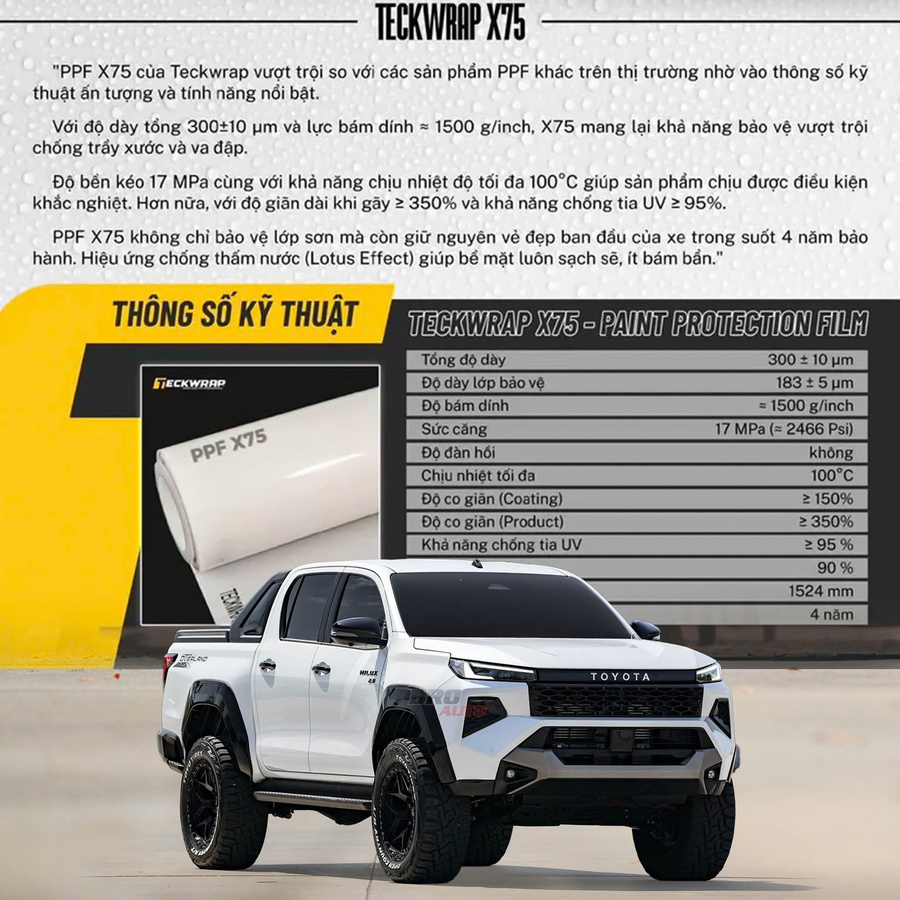 Dán PPF TeckWrap X75 bảo vệ sơn cho Toyota Hilux