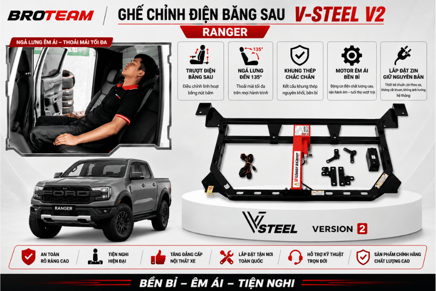 Ghế chỉnh điện Vsteel V2 ngả lưng êm ái cho xe Ford Ranger Raptor