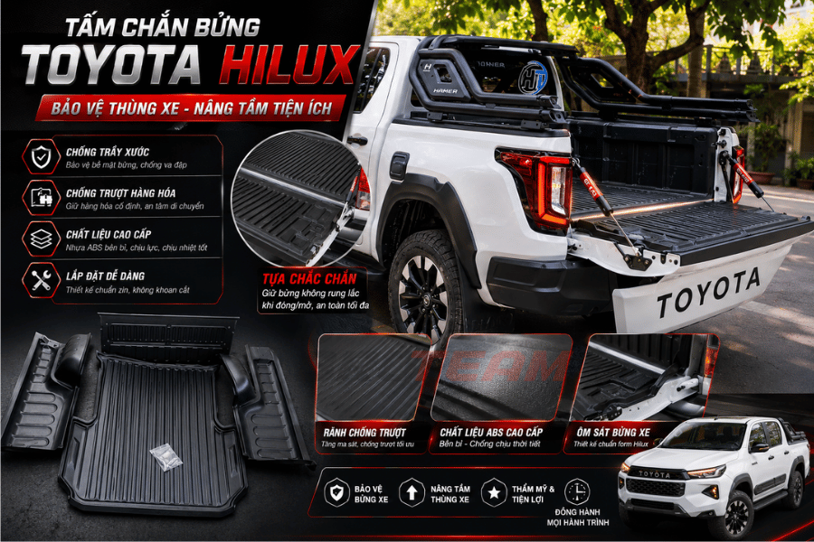 Tấm Chắn Bửng Toyota Hilux làm từ thép chịu va đập tốt và bền bỉ trong quá trình sử dụng