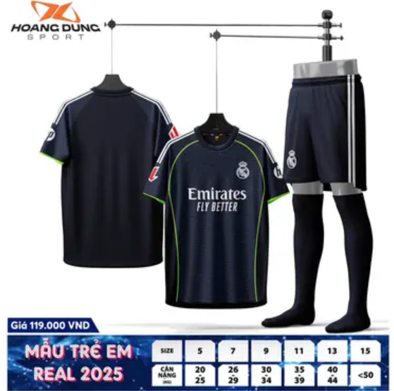 QA REAL MADRID TRẺ EM XANH ĐEN MÈ 25/26