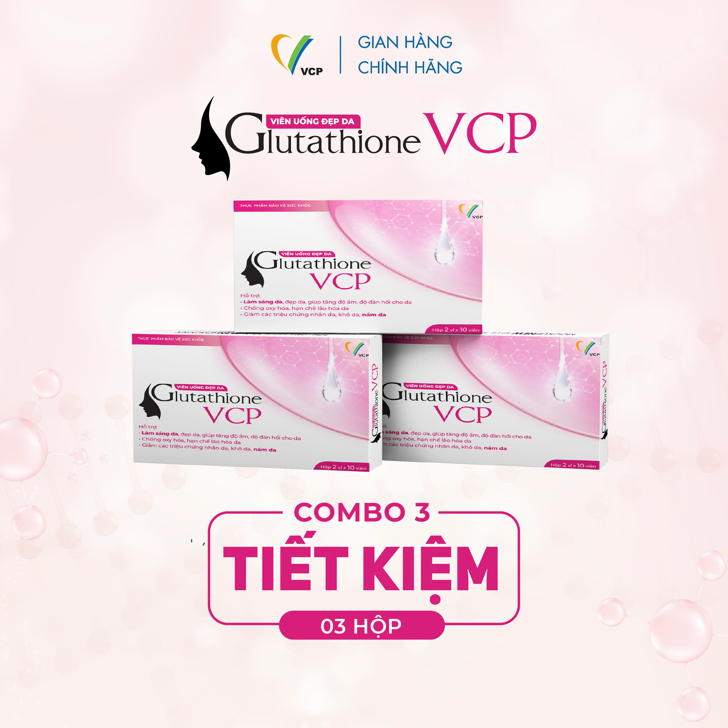 [Combo 3 hộp] TPBVSK Viên uống đẹp da Glutathione VCP - Hỗ trợ làm sáng da, giảm các triệu chứng nhăn da, khô da, nám da - Hộp 20 viên