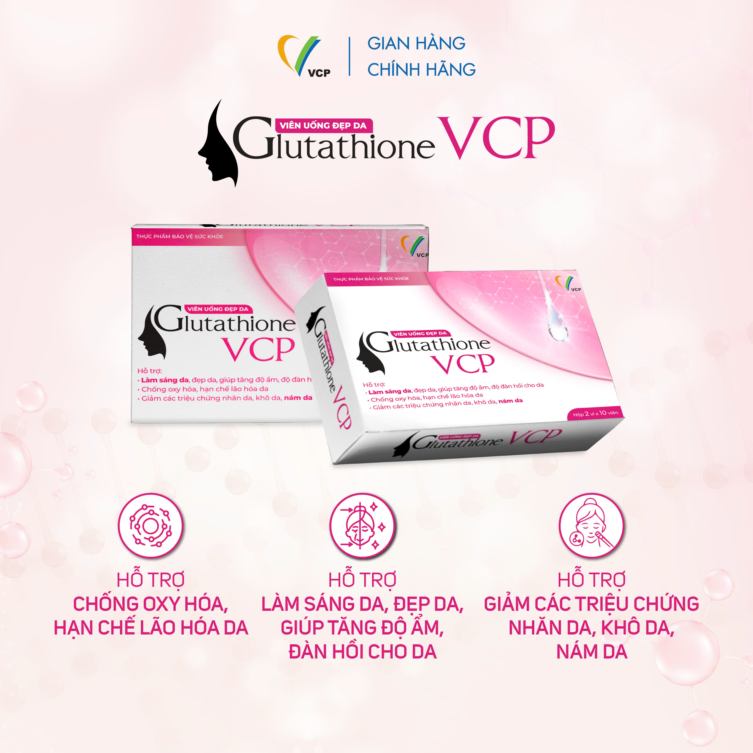[MUA 5 TẶNG 1] TPBVSK Viên uống đẹp da Glutathione VCP - Hỗ trợ làm sáng da, giảm các triệu chứng nhăn da, khô da, nám da - Hộp 20 viên