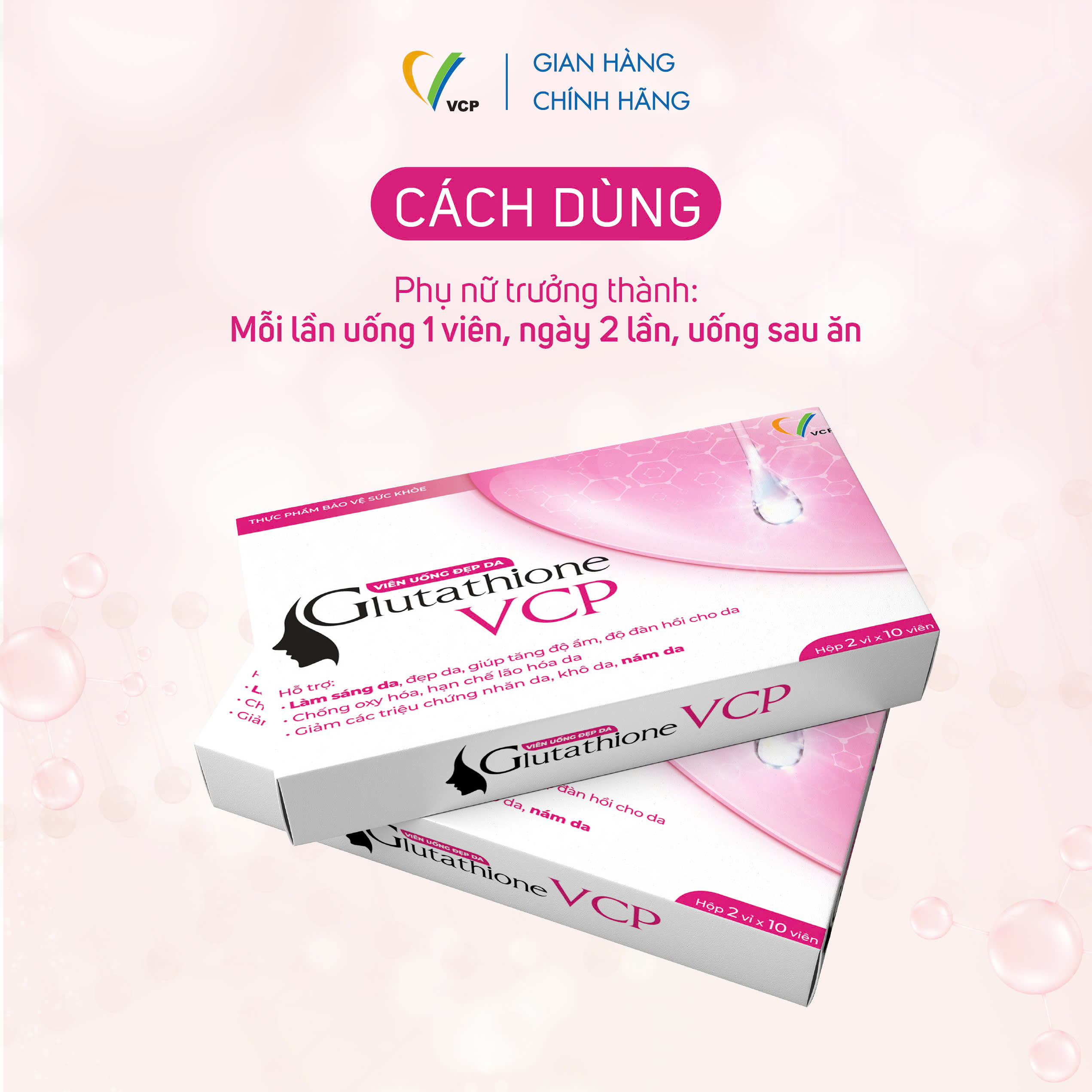 [MUA 5 TẶNG 1] TPBVSK Viên uống đẹp da Glutathione VCP - Hỗ trợ làm sáng da, giảm các triệu chứng nhăn da, khô da, nám da - Hộp 20 viên