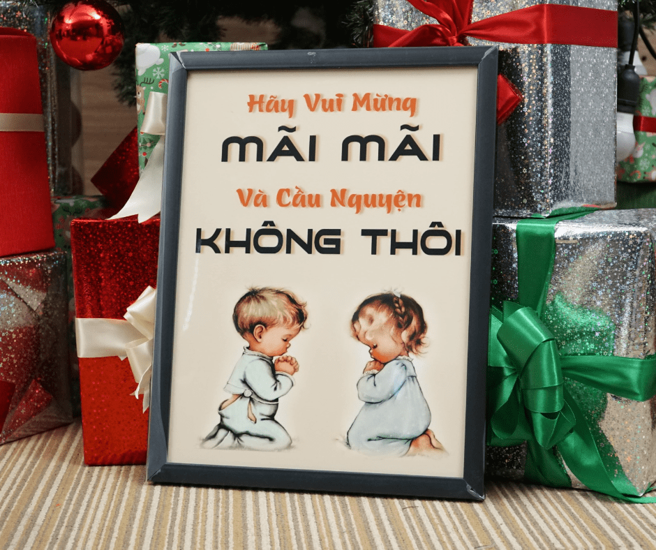 Tranh treo tường cơ đốc, câu gốc I Tê-sa-lô-ni-ca 5:16,17 Hãy vui mừng mãi mãi... (Khung đen, tranh Fomex bóng đẹp)