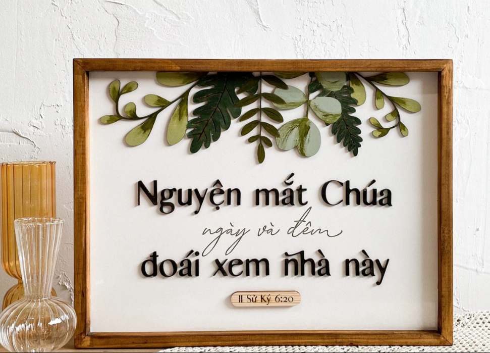 [Faith works] Tranh gỗ Câu gốc II Sử ký 6:20b (Nguyện mắt Chúa ngày và đêm...) Olive tag
