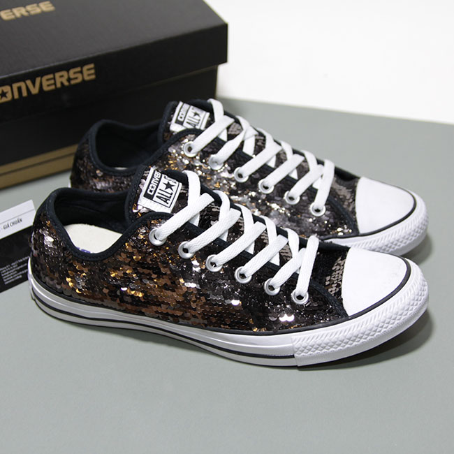 Giày Outlet Converse thấp cổ vải đen óng ánh CTVD034 