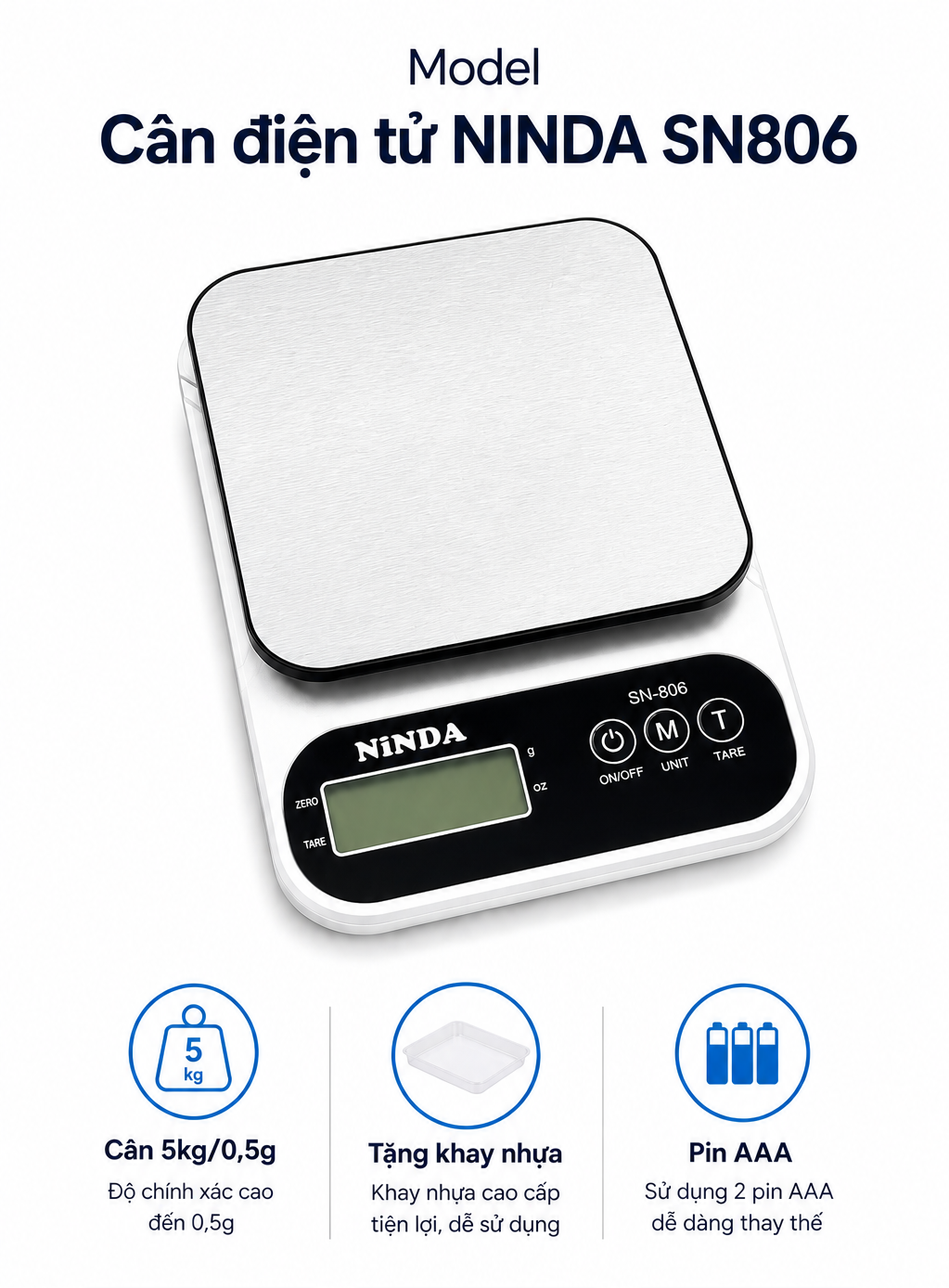 Cân tiểu ly nhà bếp NINDA SN806 5kg/0,5g độ Tặng kèm pin 3A độ chính xác cao dùng cho nhà bếp, quán ăn