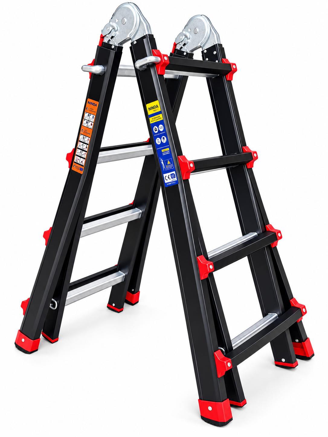 Thang nhôm chữ A rút lồng đen NiNDA NDB-RL04, chữ A cao tối đa 2m2