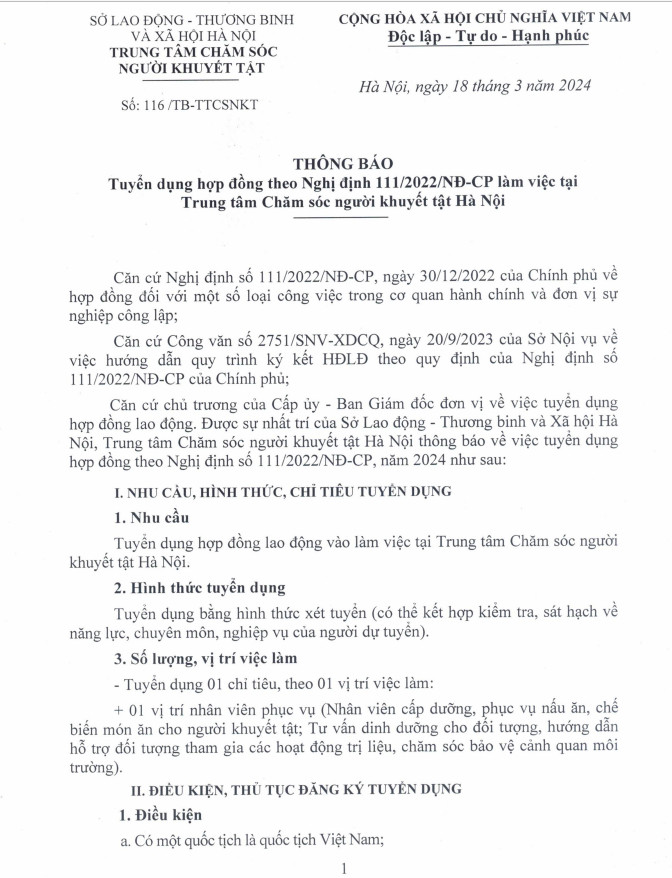Tuyển dụng hợp đồng lao động vào làm việc tại Trung tâm Chăm sóc người khuyết tật Hà Nội