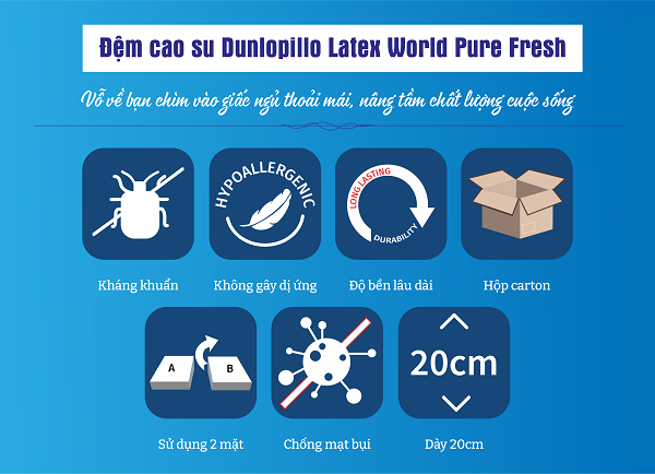 Đệm cao su Dunlopillo Latex World Pure dày 20cm