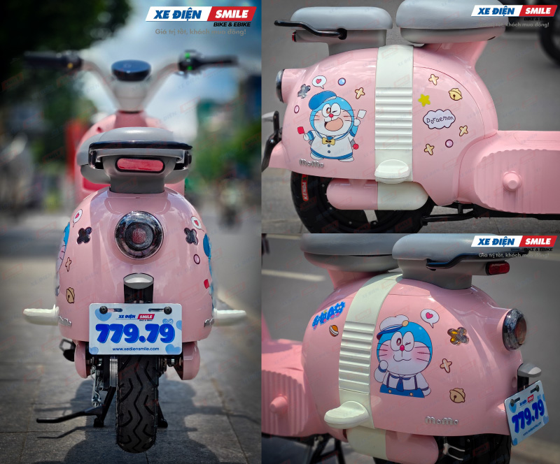 Xe được decor họa tiết tem màu hồng kèm hình dán Doraemon
